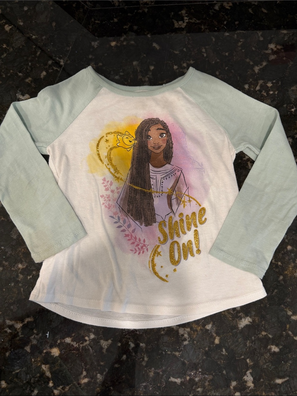 White & Mint Wish Long Sleeve Top with Gold "Shine On!" Graphic